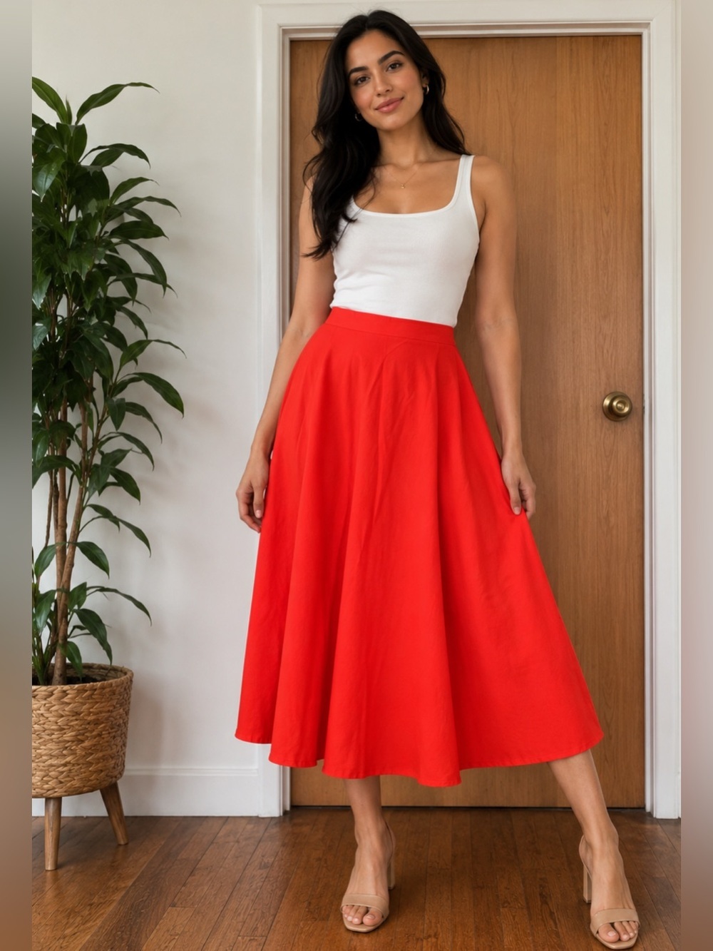 BB Dakota Bold RedOrange MIDI Skirt Size-4 Resort Chic